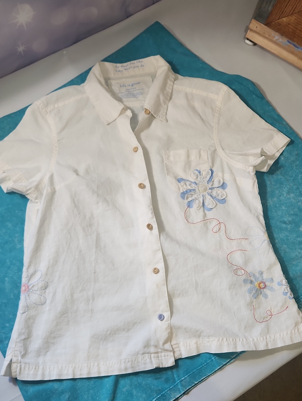 Life Is Good White Button-Down Shirt with Blue Floral Embroidery